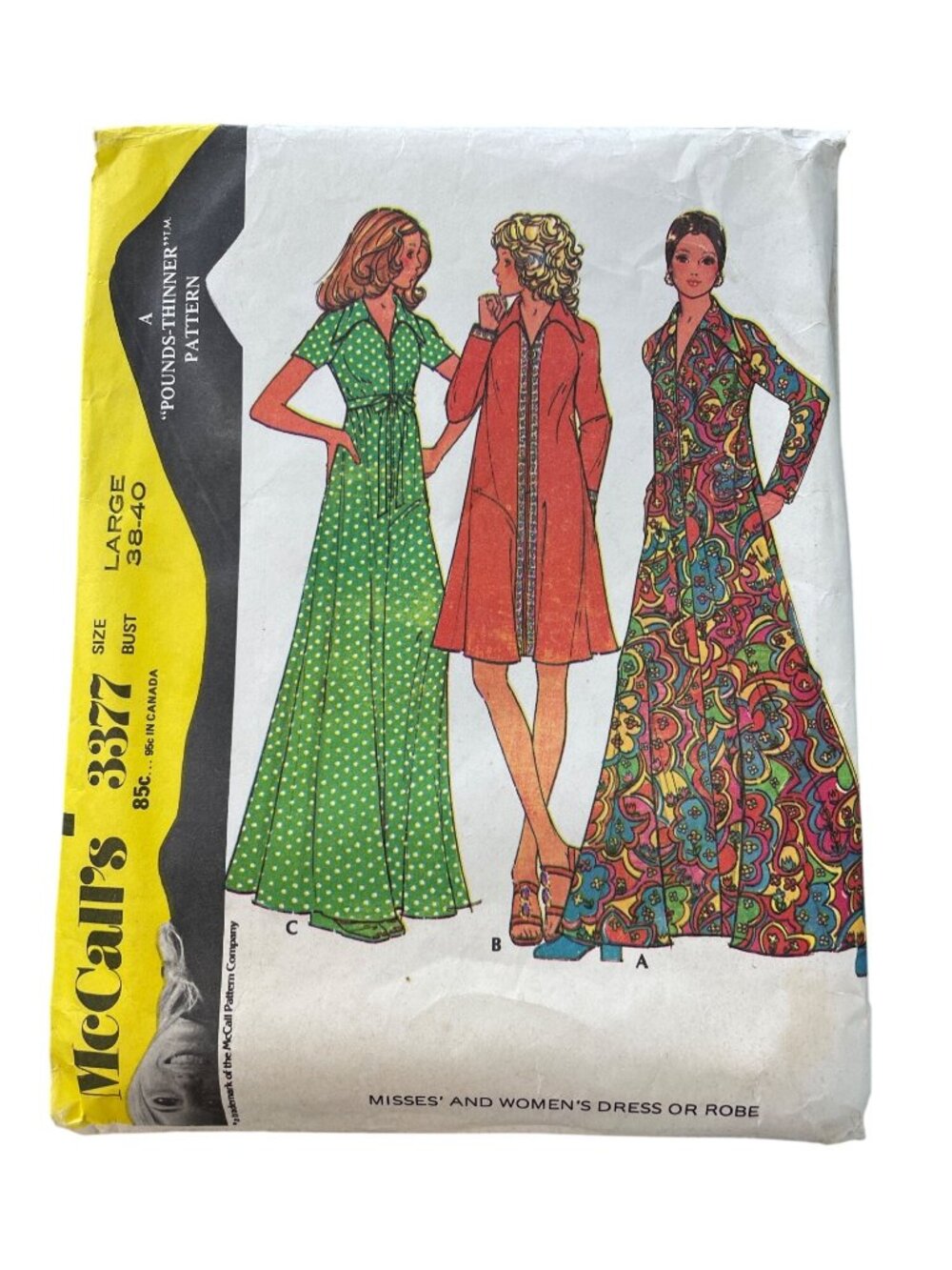 Vintage 70s McCalls 3377 Sewing Pattern Large Misses & Womens Dress Or Robe CUT